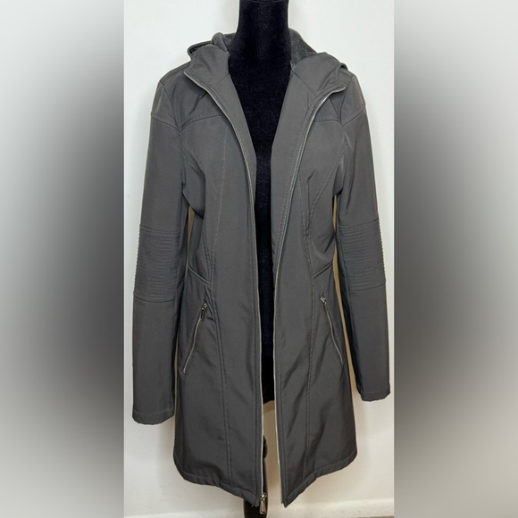 Michael Kors Gun metal Gray soft shell mid length Fall Winter coat hood medium - Picture 8 of 13